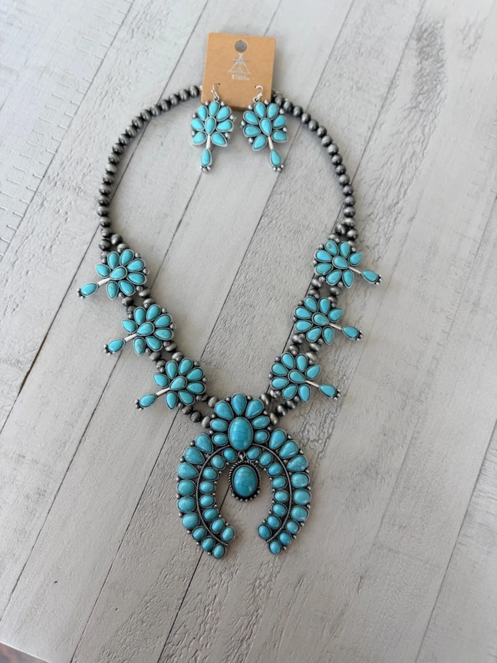 Western Fashion Turquoise Squash Blossom Statement Necklace & Earring Set